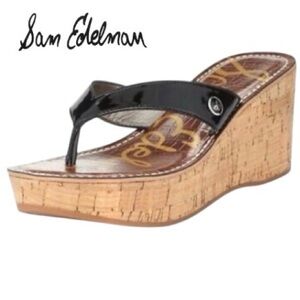 Size 8 Leather Sam Edelman Black Cork Wedge Platform Flip Flop Sandals in Black